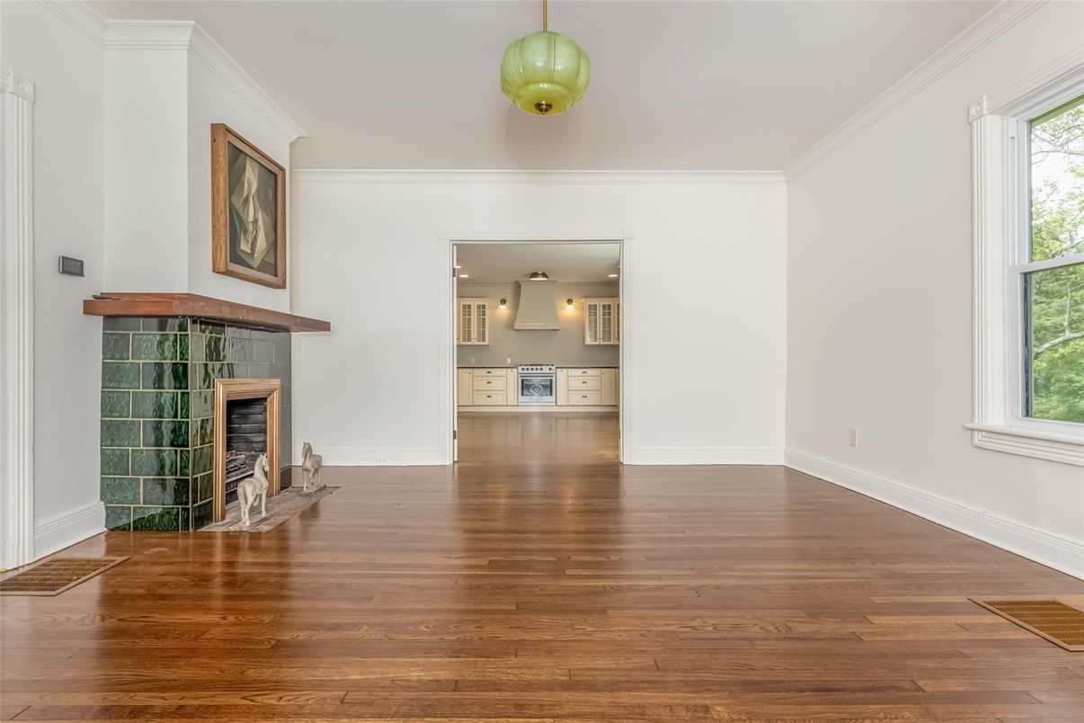 Empty room, Fireplace, Interior, Pendant Lights, Wood Texture Flooring