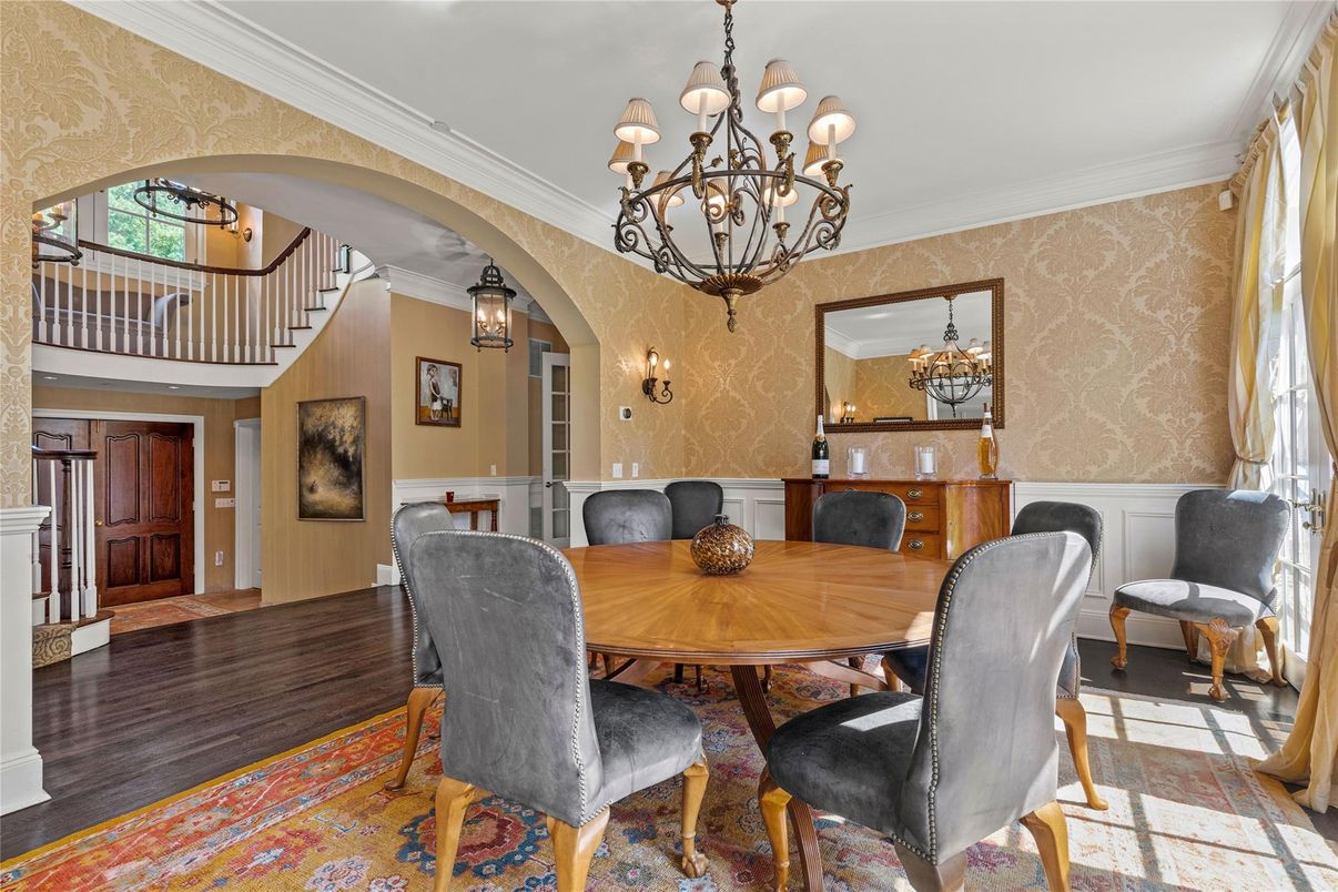 Chandelier, Dining room, Interior, Wood Texture Flooring