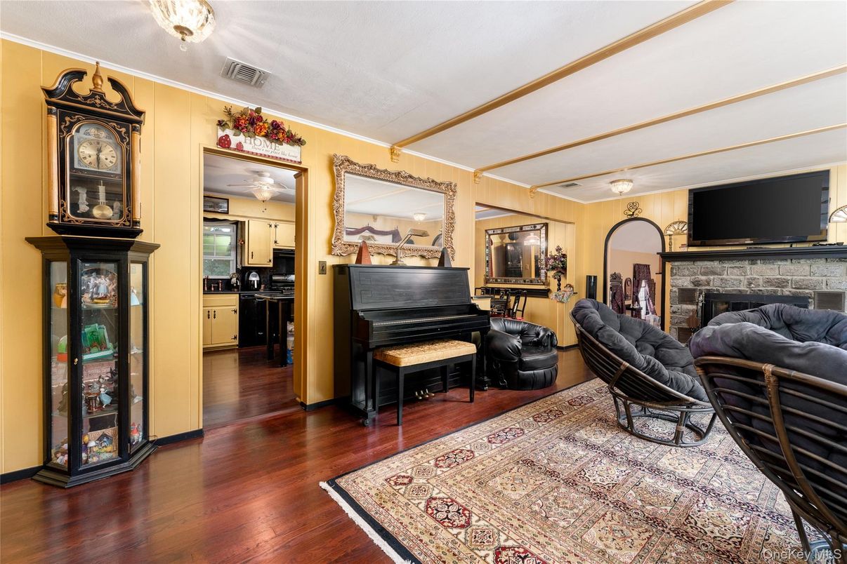 Fireplace, Interior, Kitchen, Piano, Wood Texture Flooring