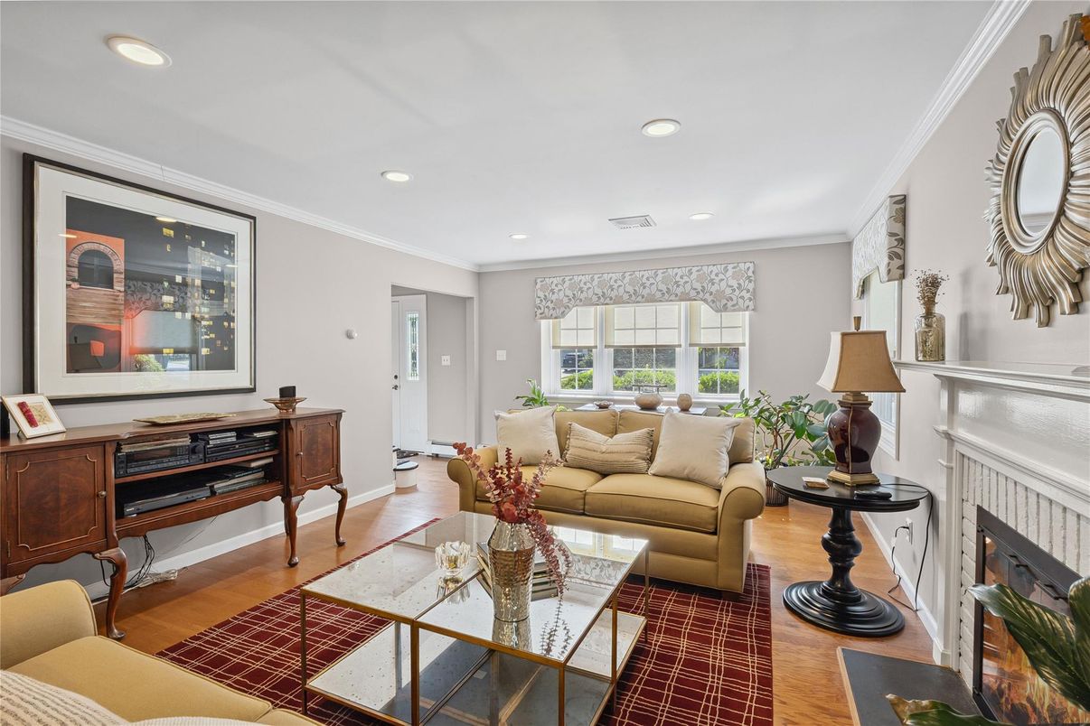 Fireplace, Interior, Living room, Recessed Lighting, Wood Texture Flooring