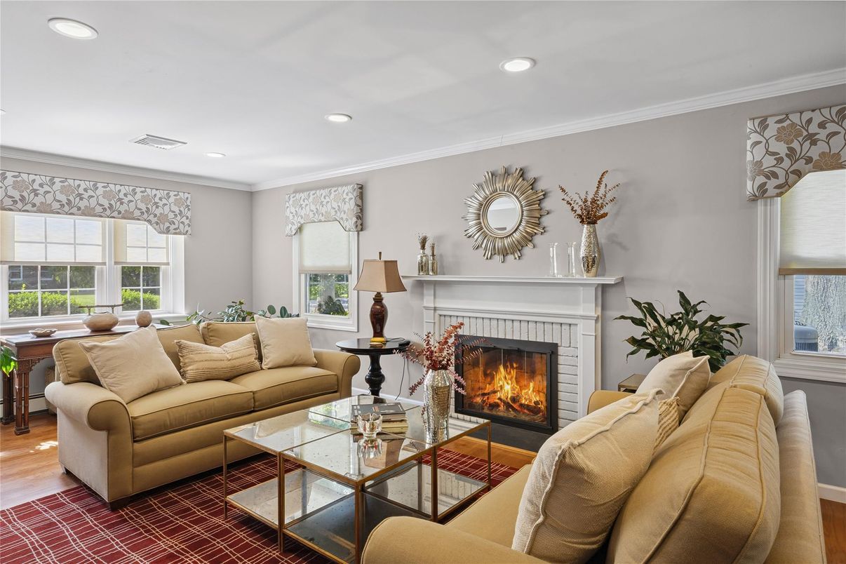 Fireplace, Interior, Living room, Recessed Lighting, Wood Texture Flooring