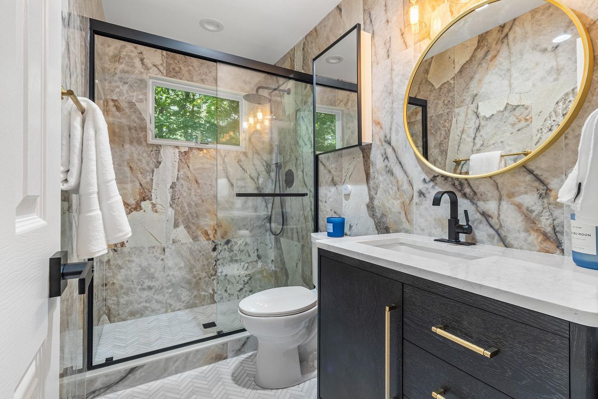 Bathroom, Glass Shower, Interior, Marble Walls, Recessed Lighting