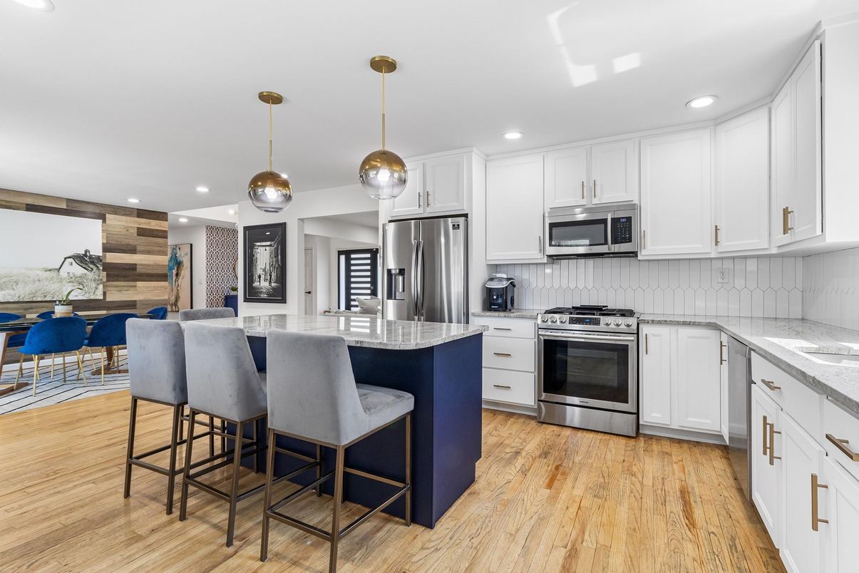 Interior, Kitchen, Pendant Lights, Recessed Lighting, Stainless Steel Appliances, Wood Texture Flooring