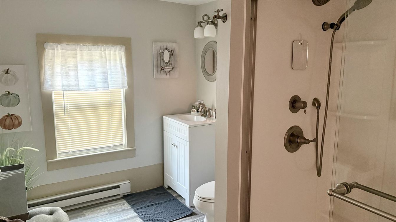 Bathroom, Glass Shower, Interior, Wood Texture Flooring