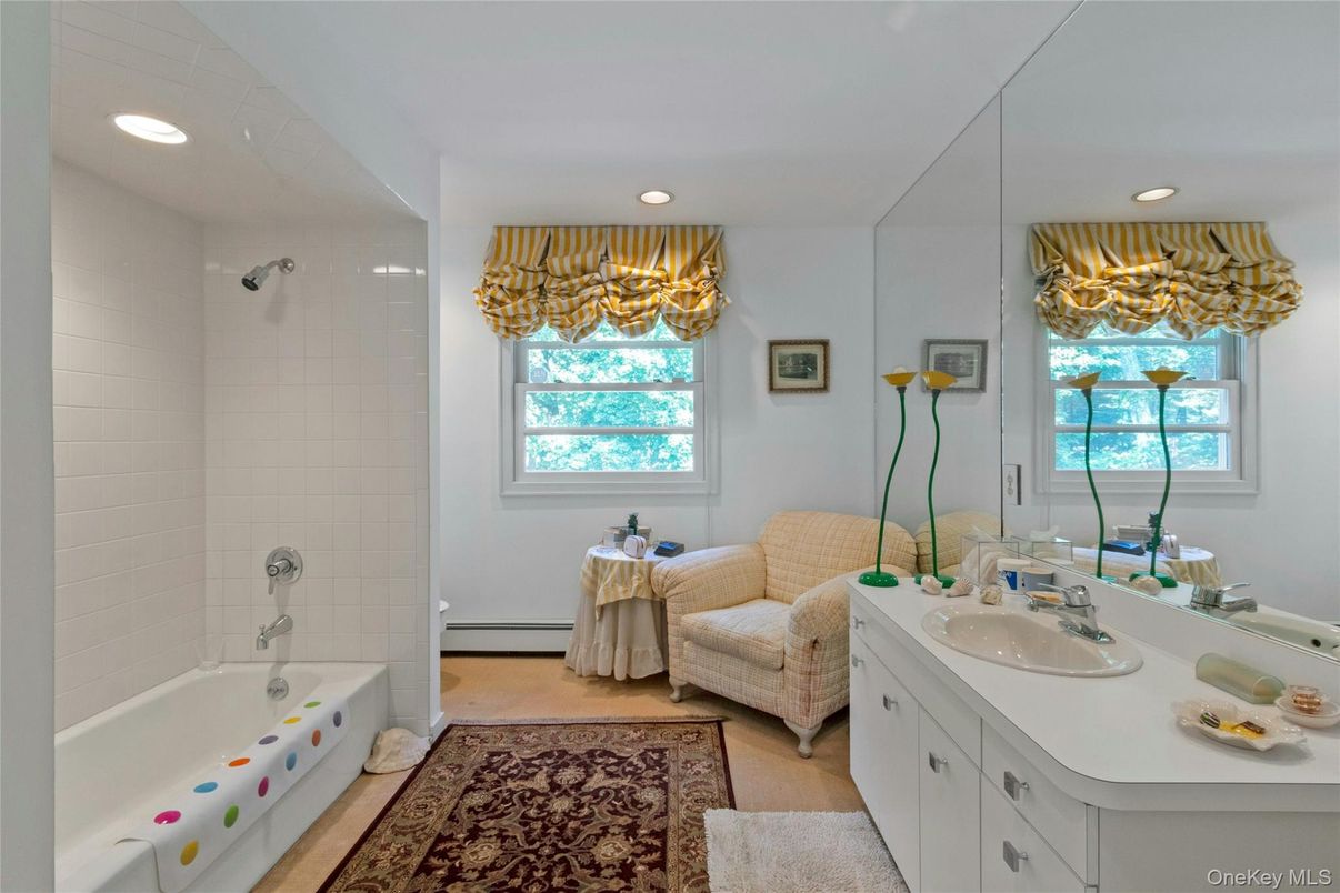 Bathroom, Dual Sink Vanities, Interior, Recessed Lighting, Wood Texture Flooring