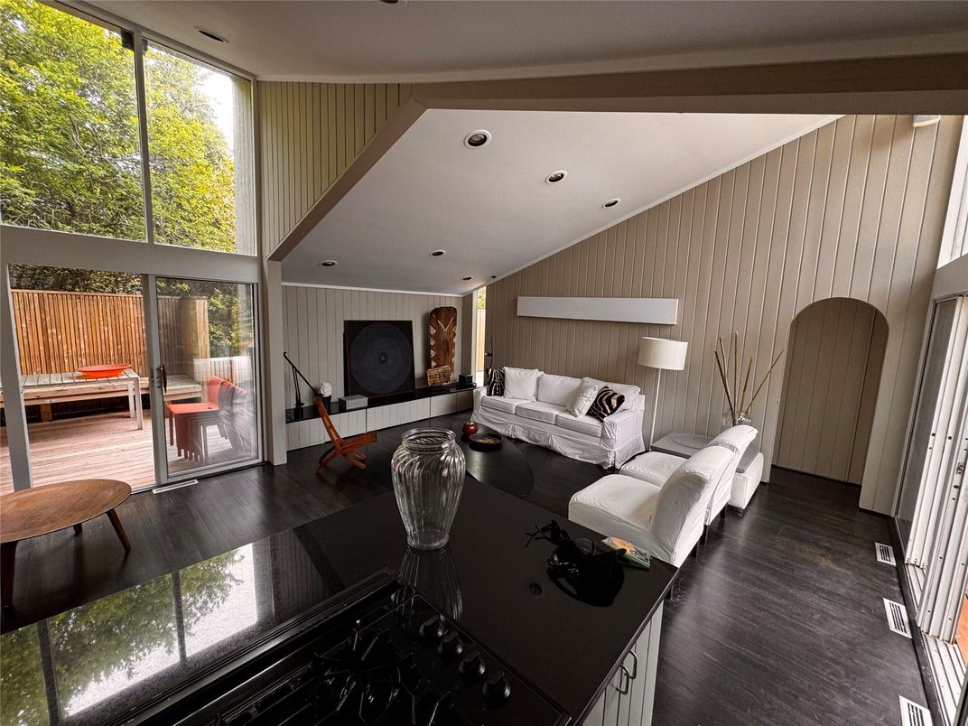 Interior, Living room, Recessed Lighting, Wood Texture Flooring, Wooden Walls