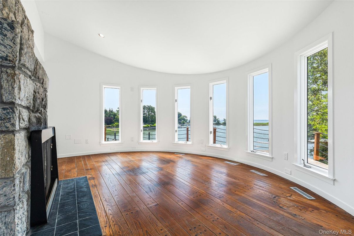 Empty room, Fireplace, Interior, Recessed Lighting, Wood Texture Flooring