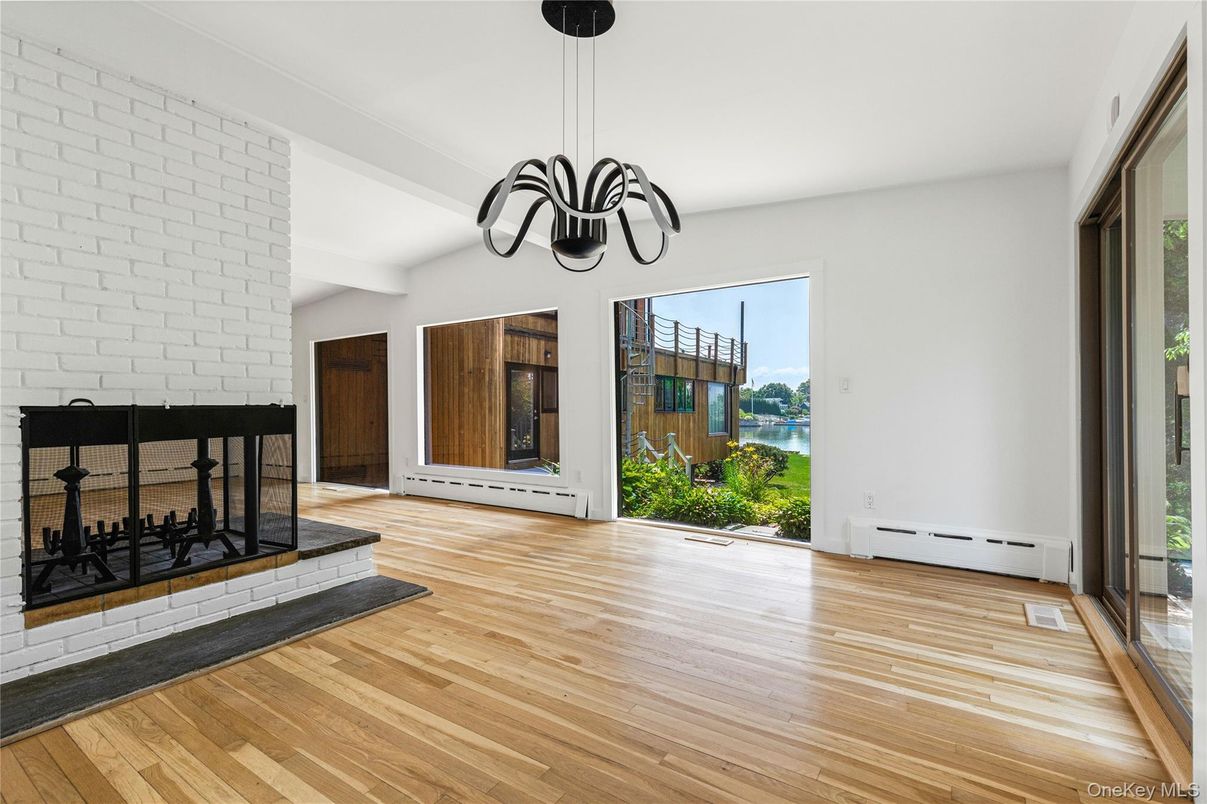 Empty room, Fireplace, Interior, Pendant Lights, Water, Wood Texture Flooring