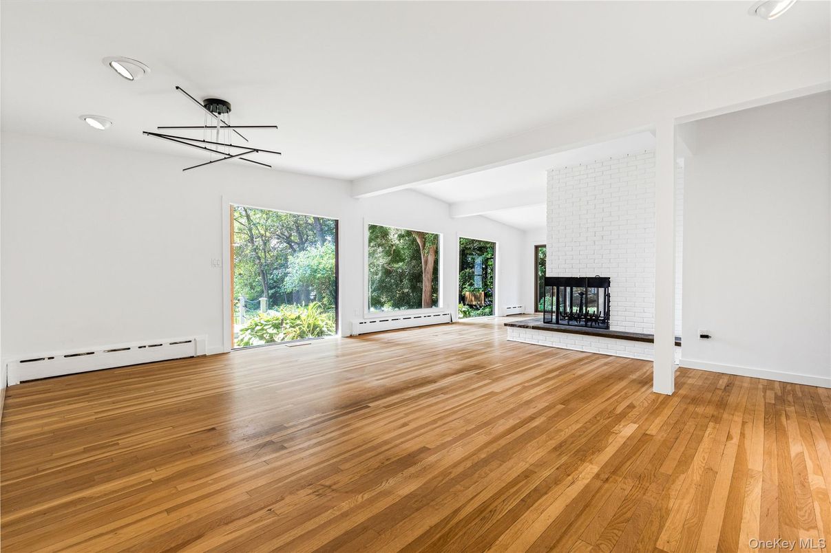 Empty room, Fireplace, Interior, Recessed Lighting, Wood Texture Flooring
