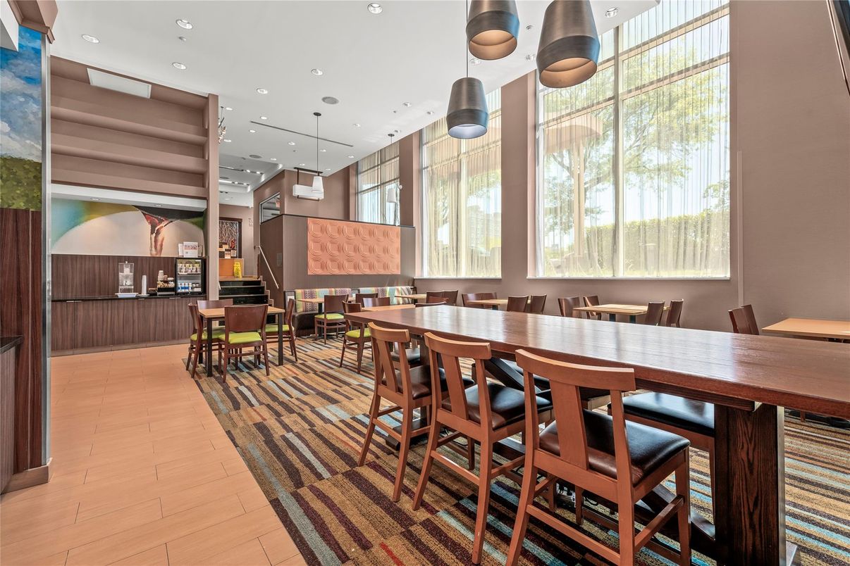 Dining room, Interior, Pendant Lights, Recessed Lighting, Wood Texture Flooring