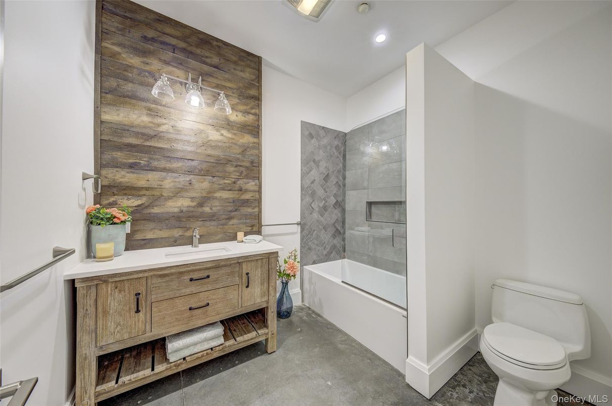 Bathroom, Glass Shower, Interior, Recessed Lighting, Wooden Walls