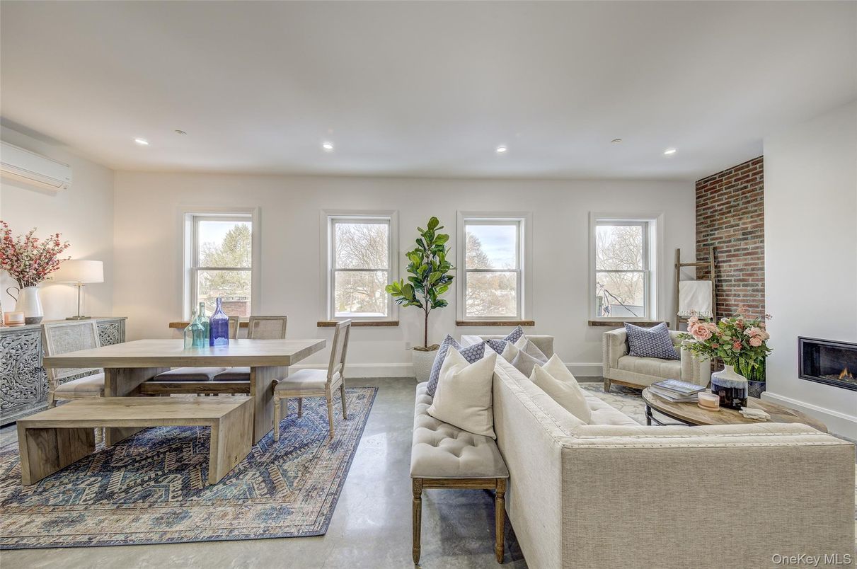 Dining room, Fireplace, Interior, Living room, Recessed Lighting, Stone Walls