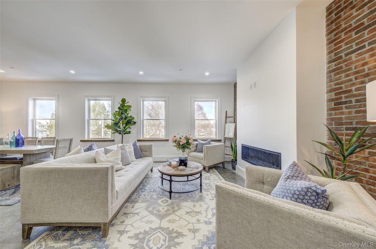Dining room, Fireplace, Interior, Living room, Recessed Lighting, Stone Walls