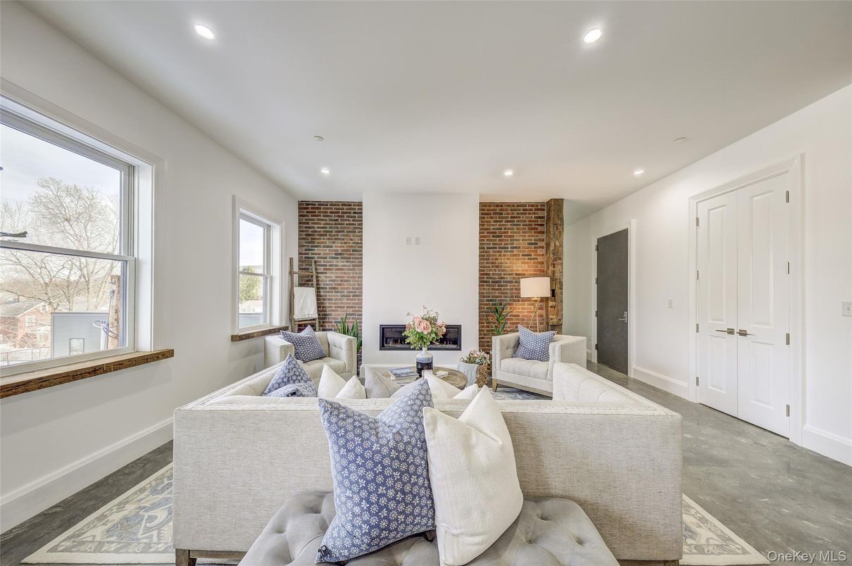 Fireplace, Interior, Living room, Recessed Lighting, Stone Walls