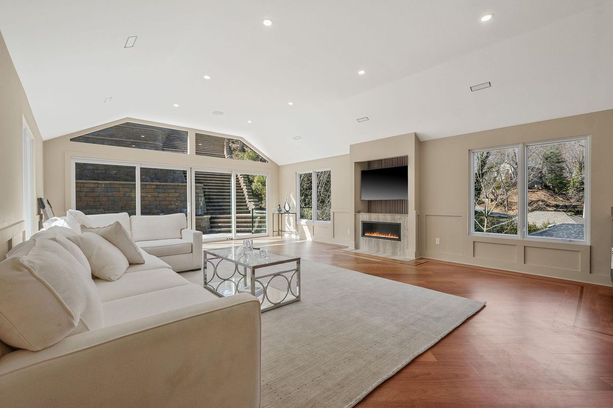 Fireplace, Interior, Living room, Recessed Lighting, Wood Texture Flooring