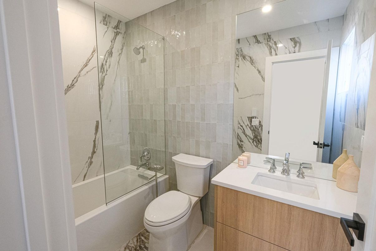 Bathroom, Glass Shower, Interior, Marble Walls, Recessed Lighting