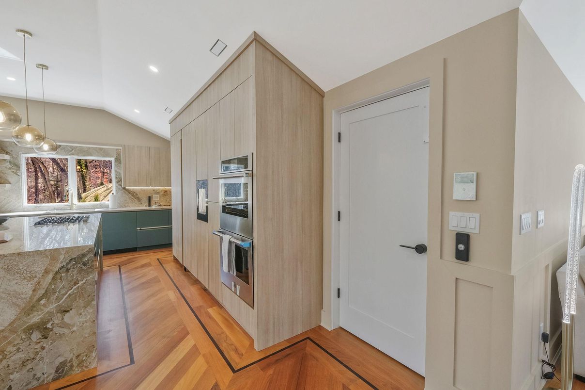 Interior, Kitchen, Pendant Lights, Recessed Lighting, Stainless Steel Appliances, Wood Texture Flooring