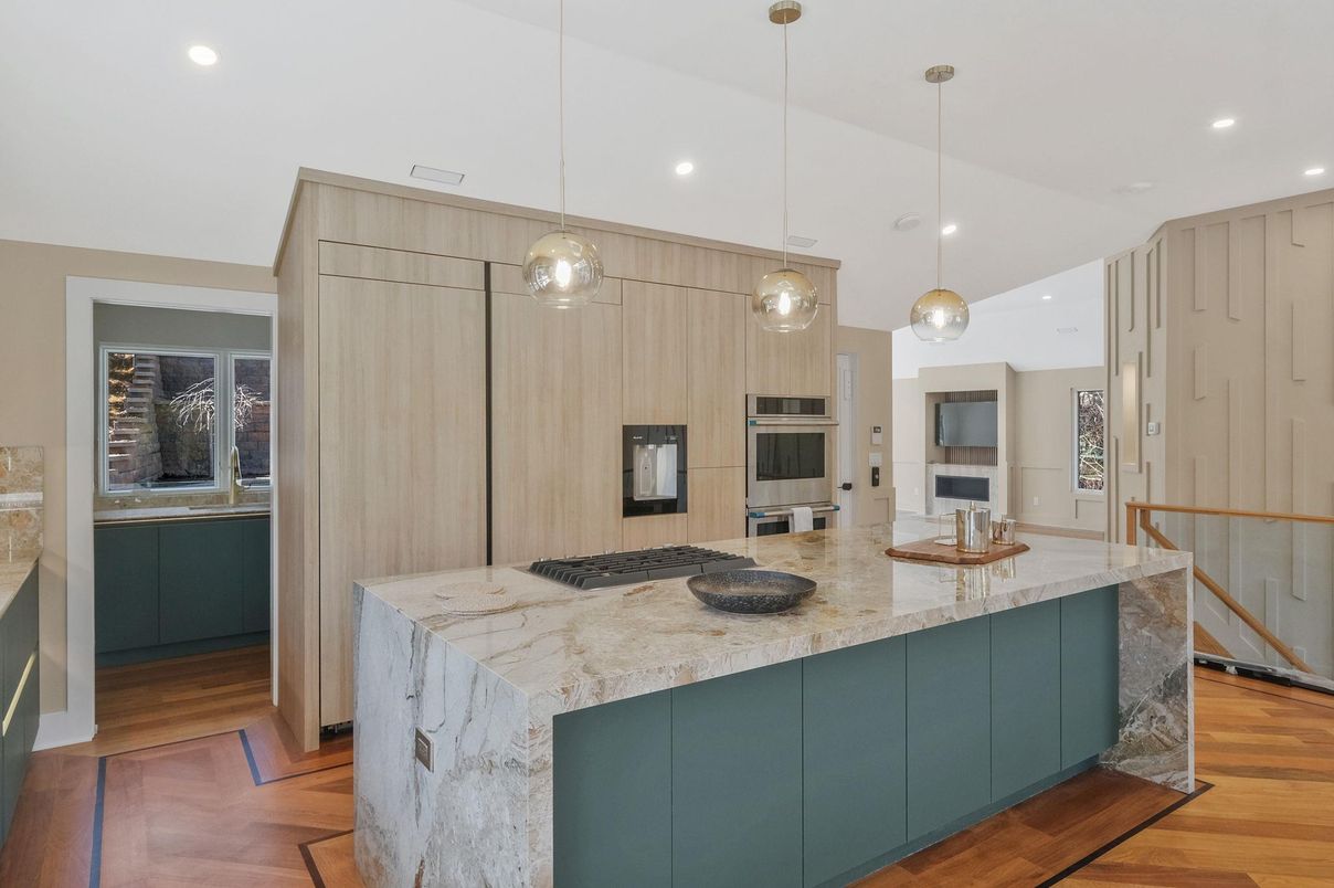 Interior, Kitchen, Pendant Lights, Recessed Lighting, Stainless Steel Appliances, Wood Texture Flooring