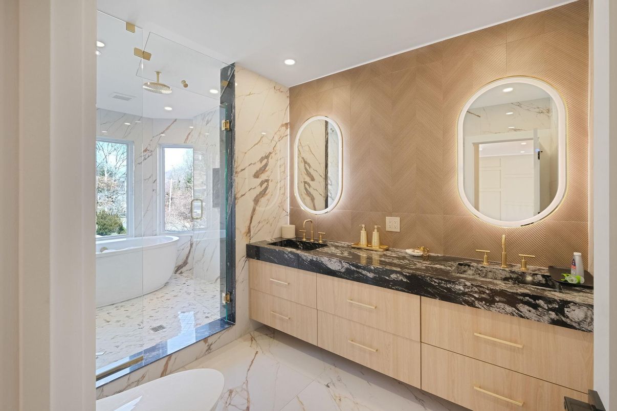 Bathroom, Dual Sink Vanities, Free Standing Baths, Glass Shower, Interior, Marble, Marble Walls, Recessed Lighting