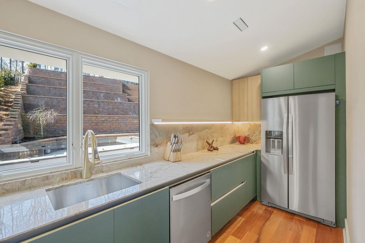 Interior, Kitchen, Recessed Lighting, Stainless Steel Appliances, Wood Texture Flooring