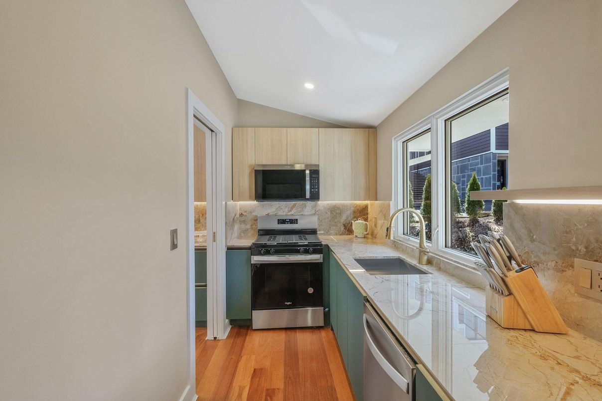 Interior, Kitchen, Recessed Lighting, Stainless Steel Appliances, Wood Texture Flooring