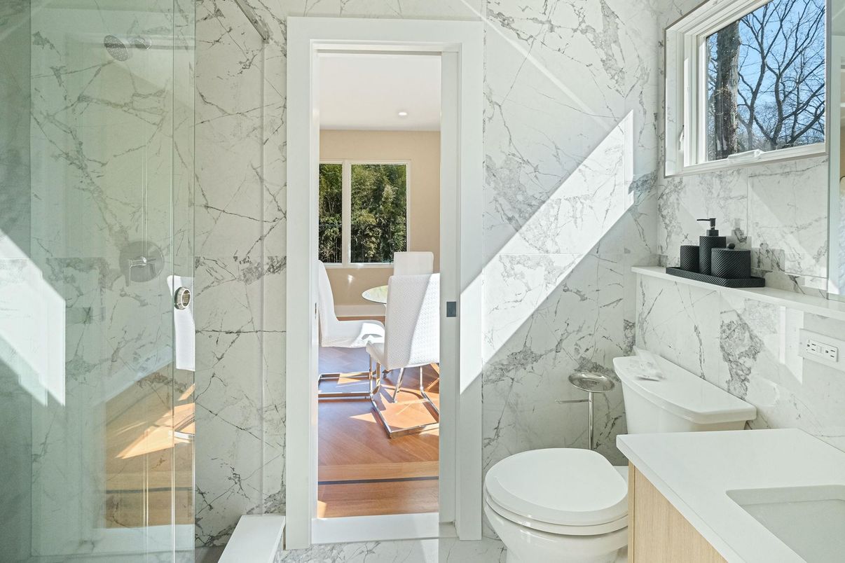 Bathroom, Glass Shower, Interior, Marble, Marble Walls, Recessed Lighting