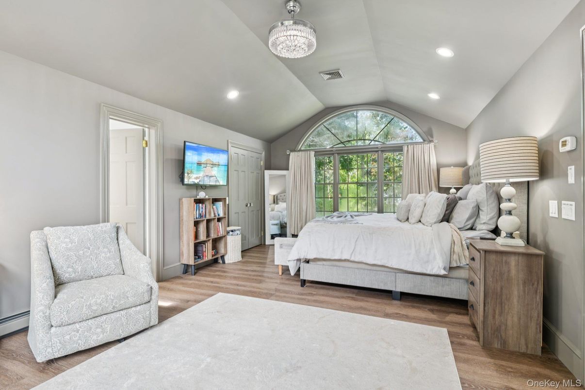 Bedroom, Chandelier, Interior, Recessed Lighting, Wood Texture Flooring