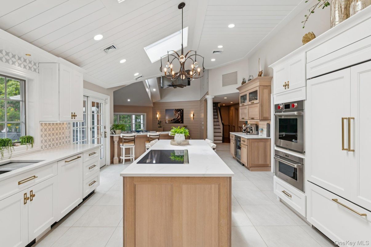 Chandelier, Fireplace, Interior, Kitchen, Pendant Lights, Recessed Lighting, Stainless Steel Appliances