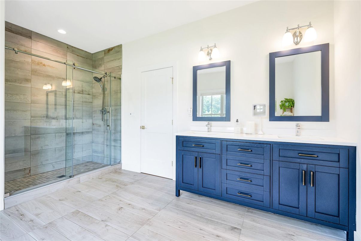 Bathroom, Dual Sink Vanities, Glass Shower, Interior, Recessed Lighting