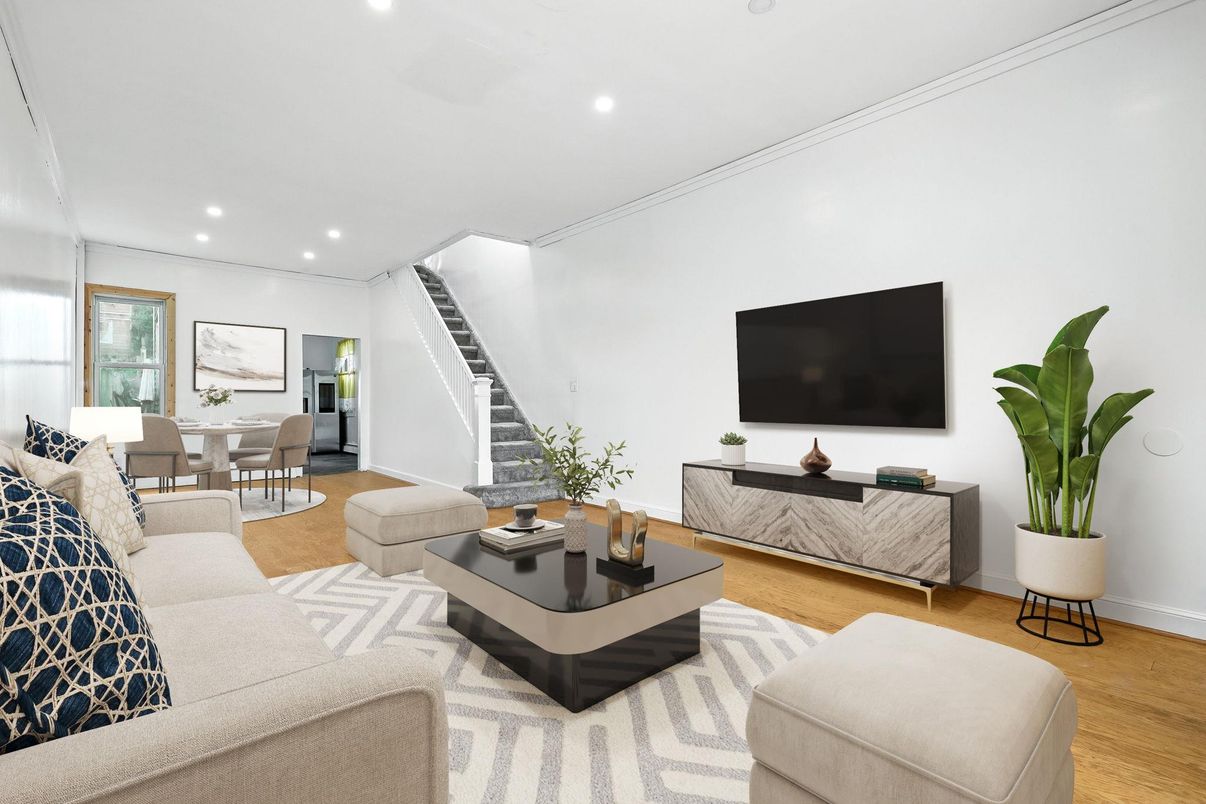 Dining room, Interior, Living room, Recessed Lighting, Wood Texture Flooring