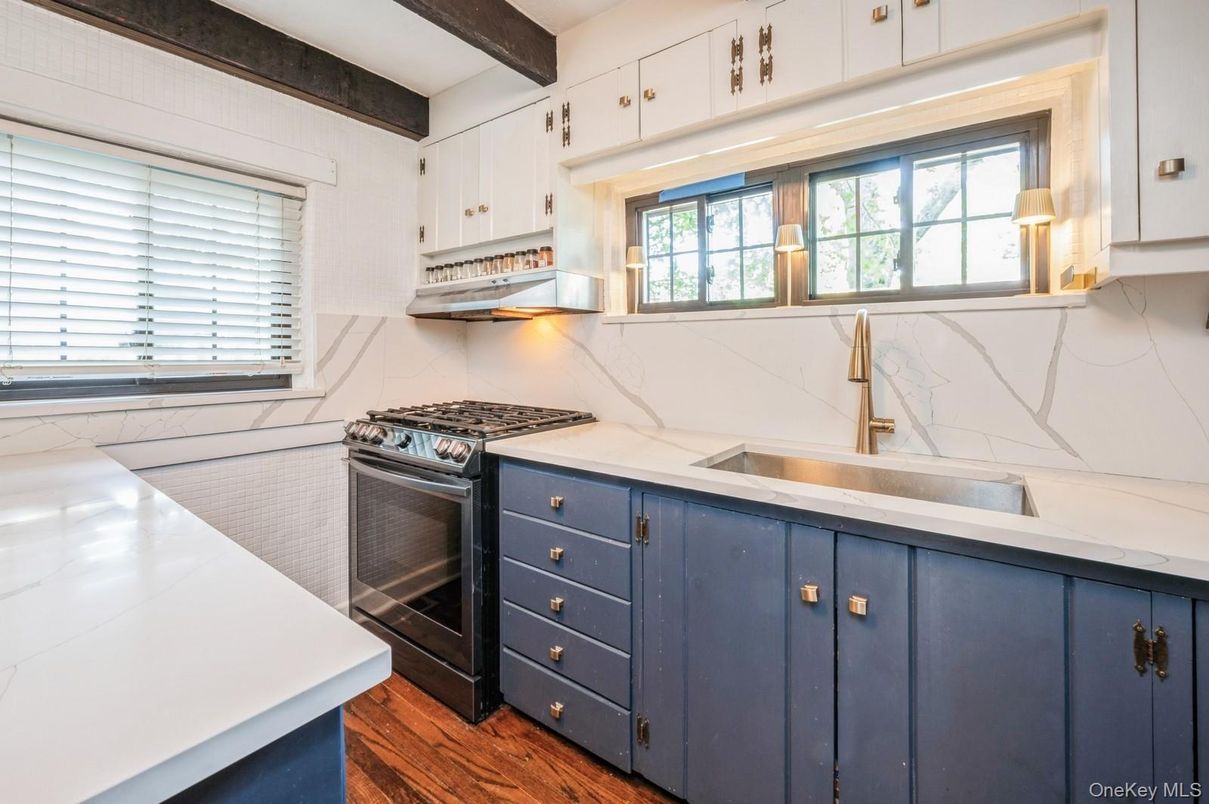 Interior, Kitchen, Marble Walls, Stainless Steel Appliances, Wooden Beams, Wood Texture Flooring