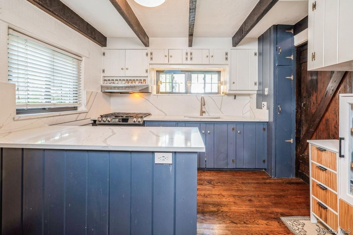 Interior, Kitchen, Marble Walls, Wooden Beams, Wood Texture Flooring