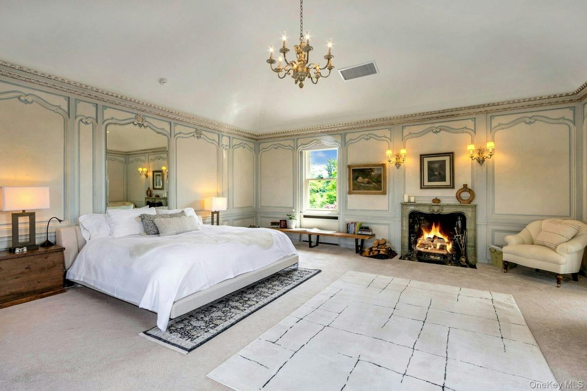 Bedroom, Chandelier, Fireplace, Interior