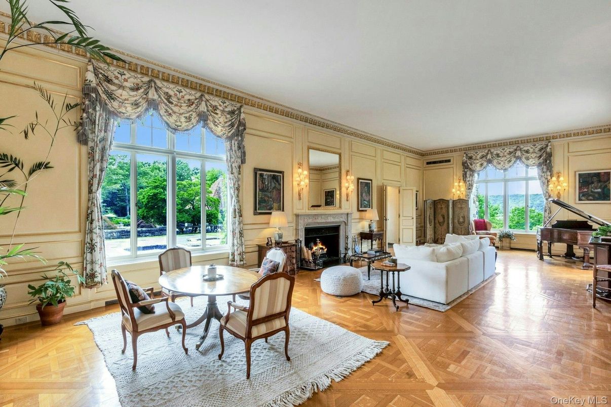 Dining room, Fireplace, Interior, Living room, Piano, Wood Texture Flooring