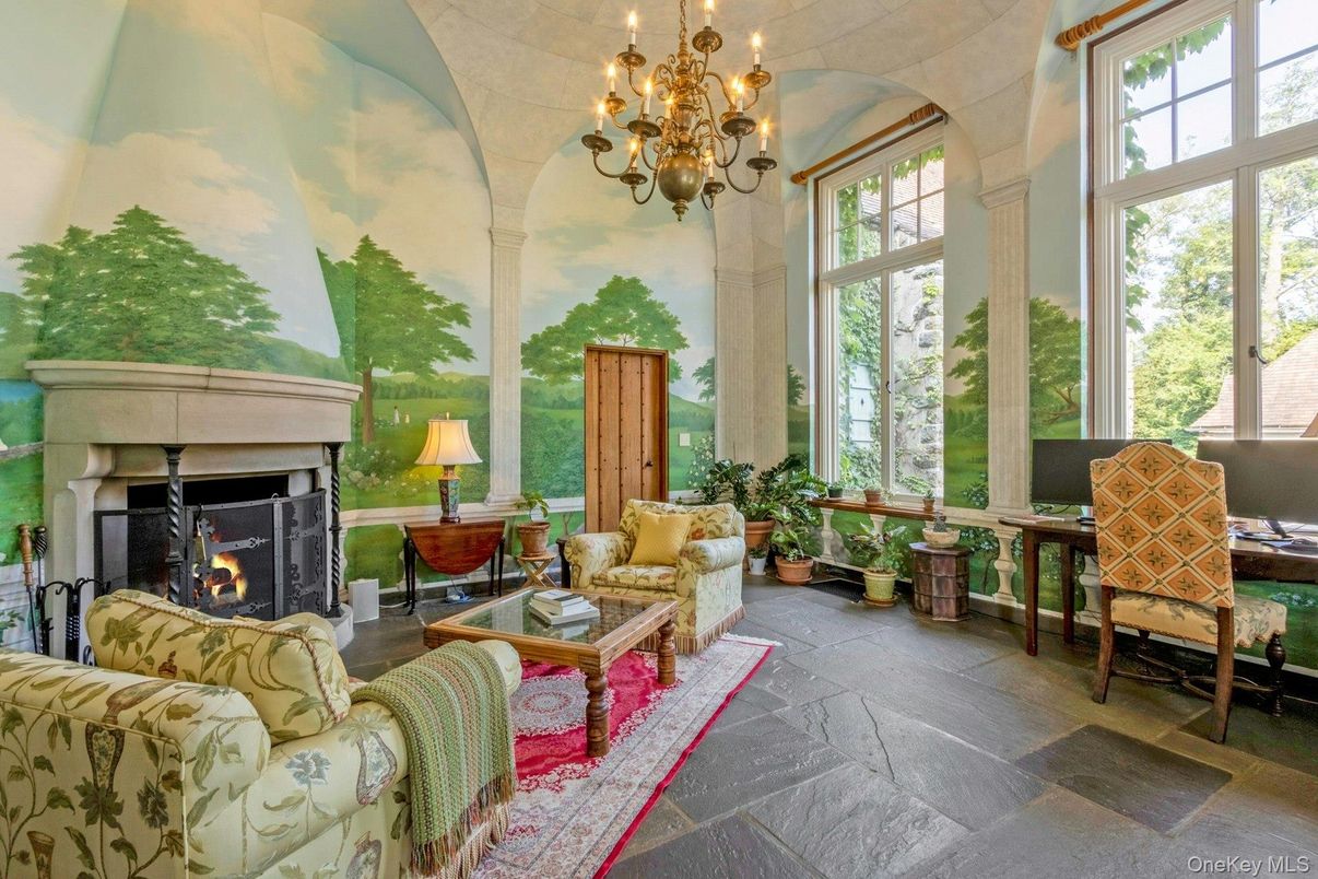 Chandelier, Fireplace, Interior, Living room, Sun Room