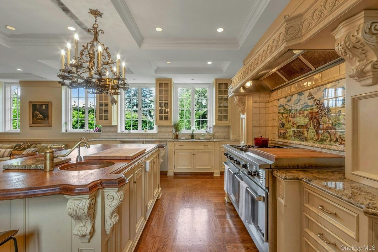 Chandelier, Interior, Kitchen, Recessed Lighting, Stainless Steel Appliances, Wood Texture Flooring