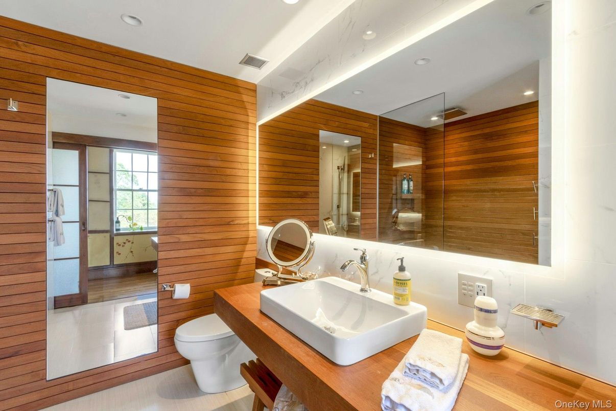 Bathroom, Interior, Recessed Lighting, Wood Texture Flooring, Wooden Walls