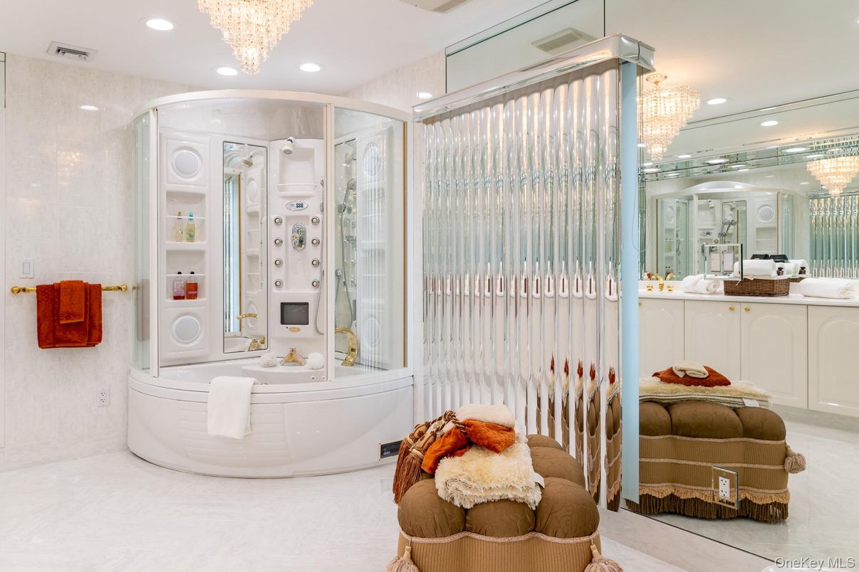 Bathroom, Chandelier, Glass Shower, Interior, Recessed Lighting