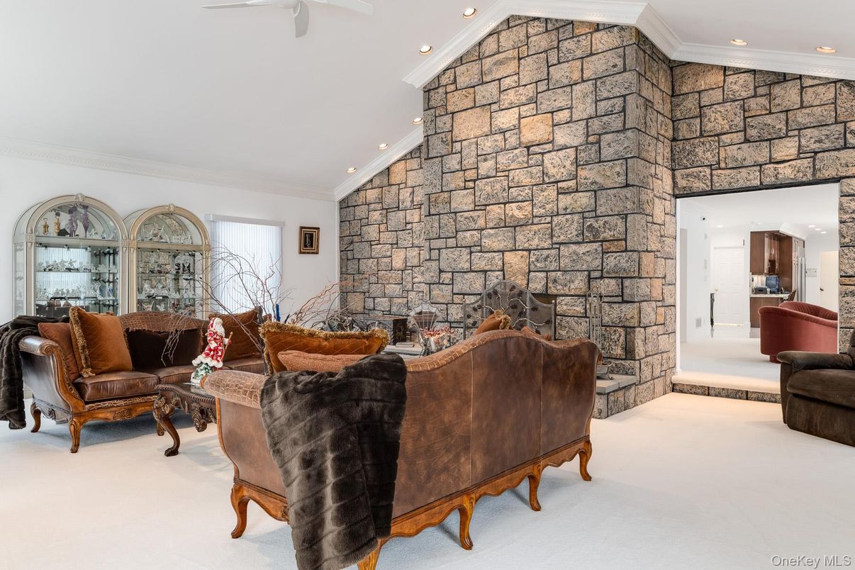 Fireplace, Interior, Living room, Recessed Lighting, Stone Walls