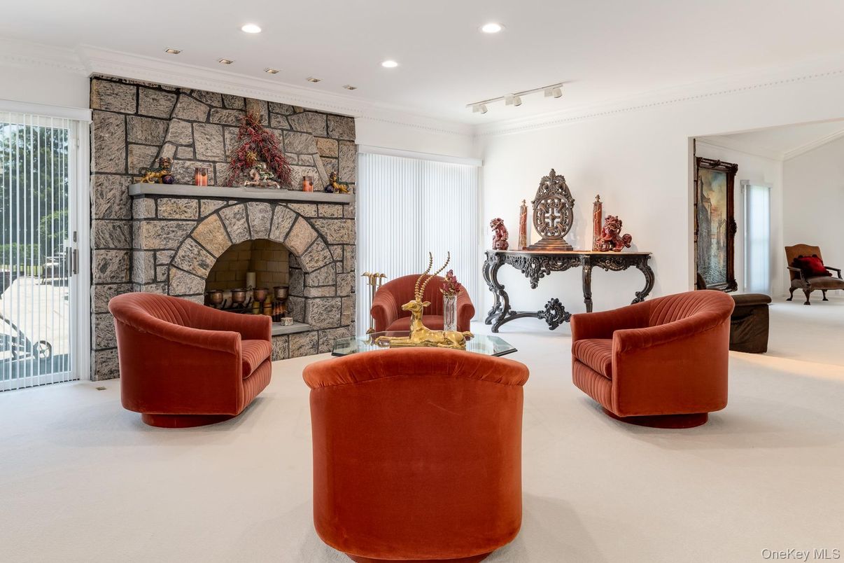 Fireplace, Interior, Living room, Recessed Lighting, Stone Walls