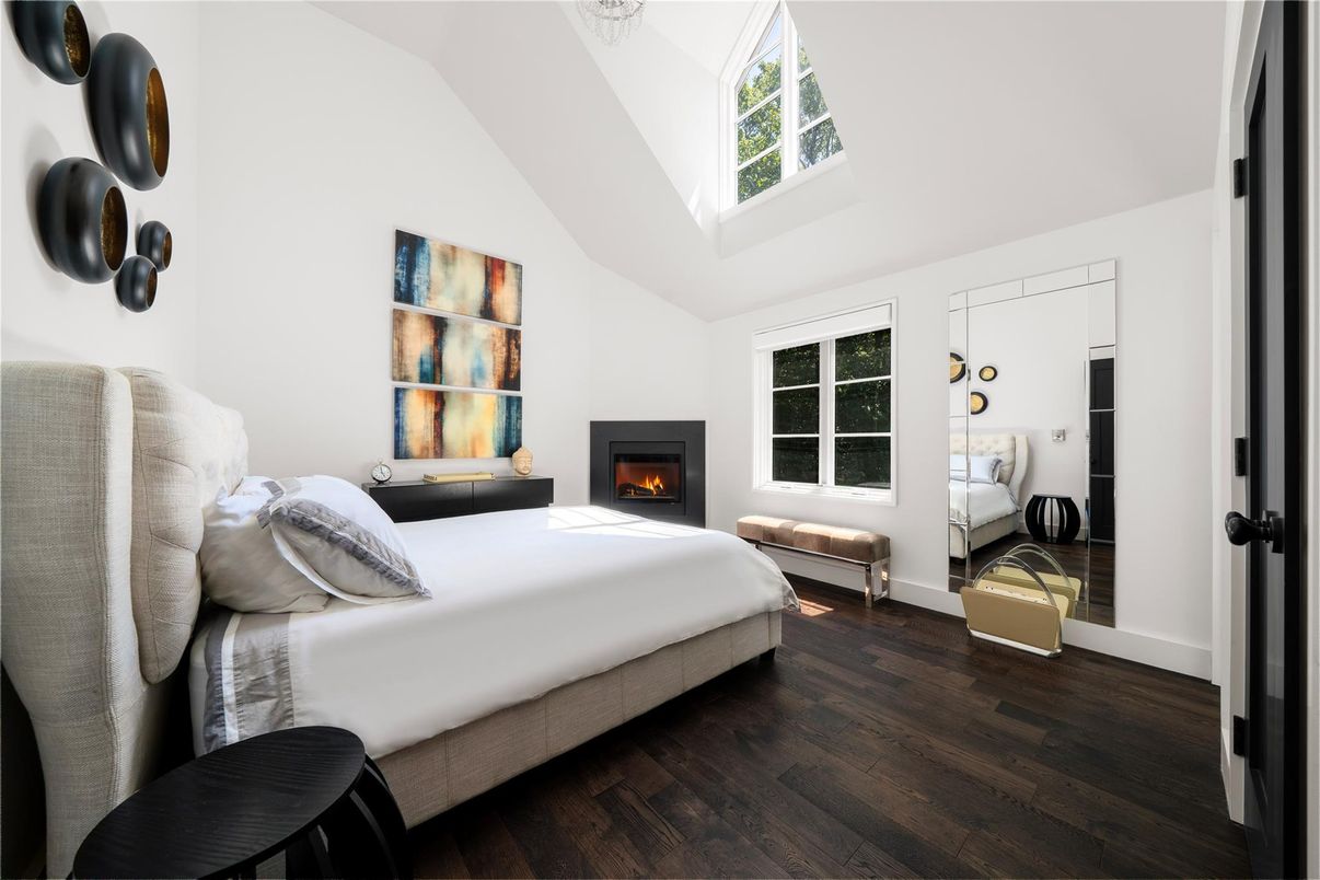 Bedroom, Fireplace, Interior, Wood Texture Flooring