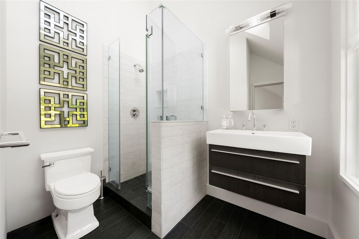 Bathroom, Glass Shower, Interior, Wood Texture Flooring