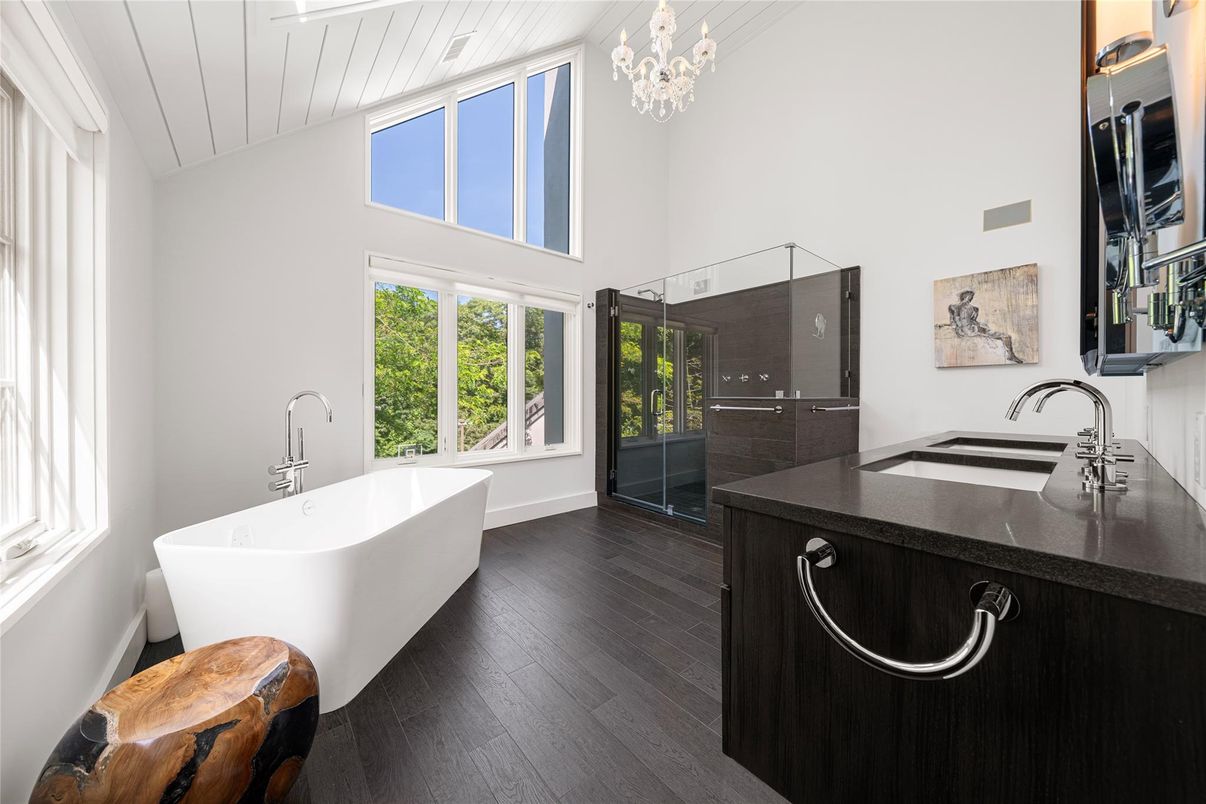 Bathroom, Chandelier, Free Standing Baths, Glass Shower, Interior, Wood Texture Flooring