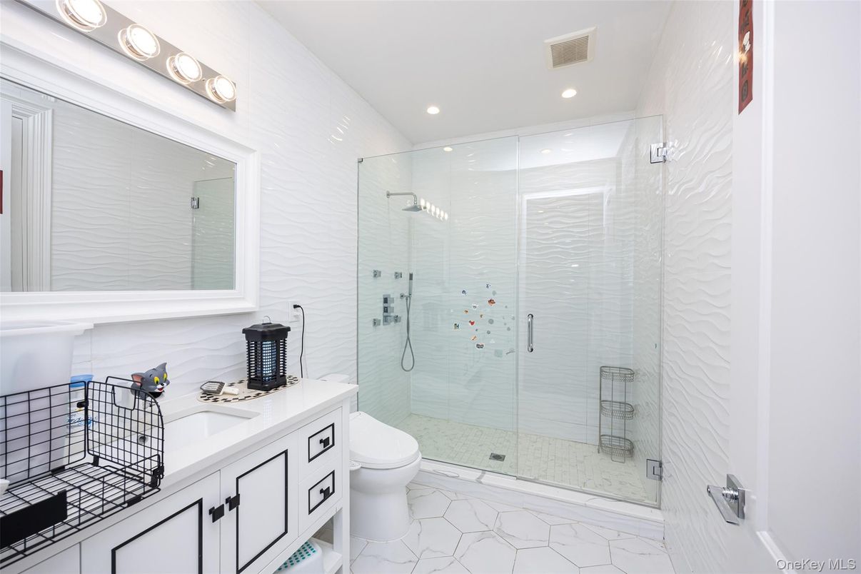 Bathroom, Glass Shower, Interior, Marble, Recessed Lighting