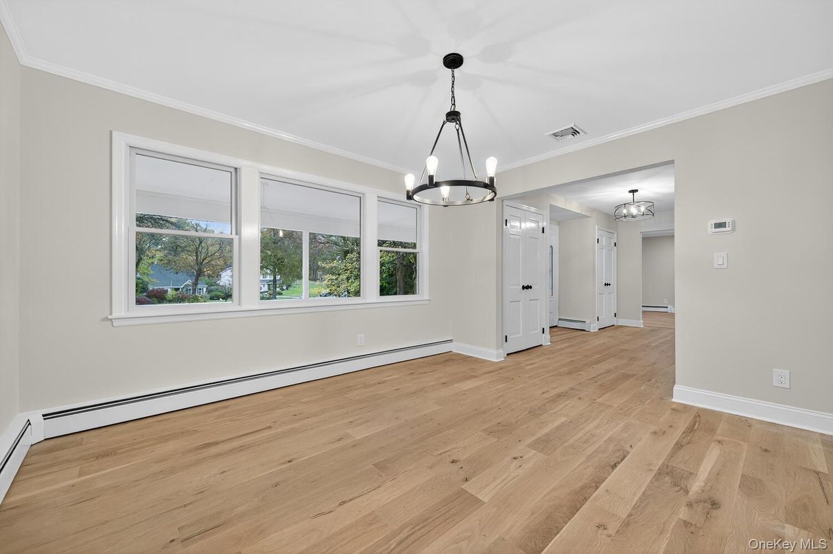 Chandelier, Empty room, Interior, Pendant Lights, Wood Texture Flooring