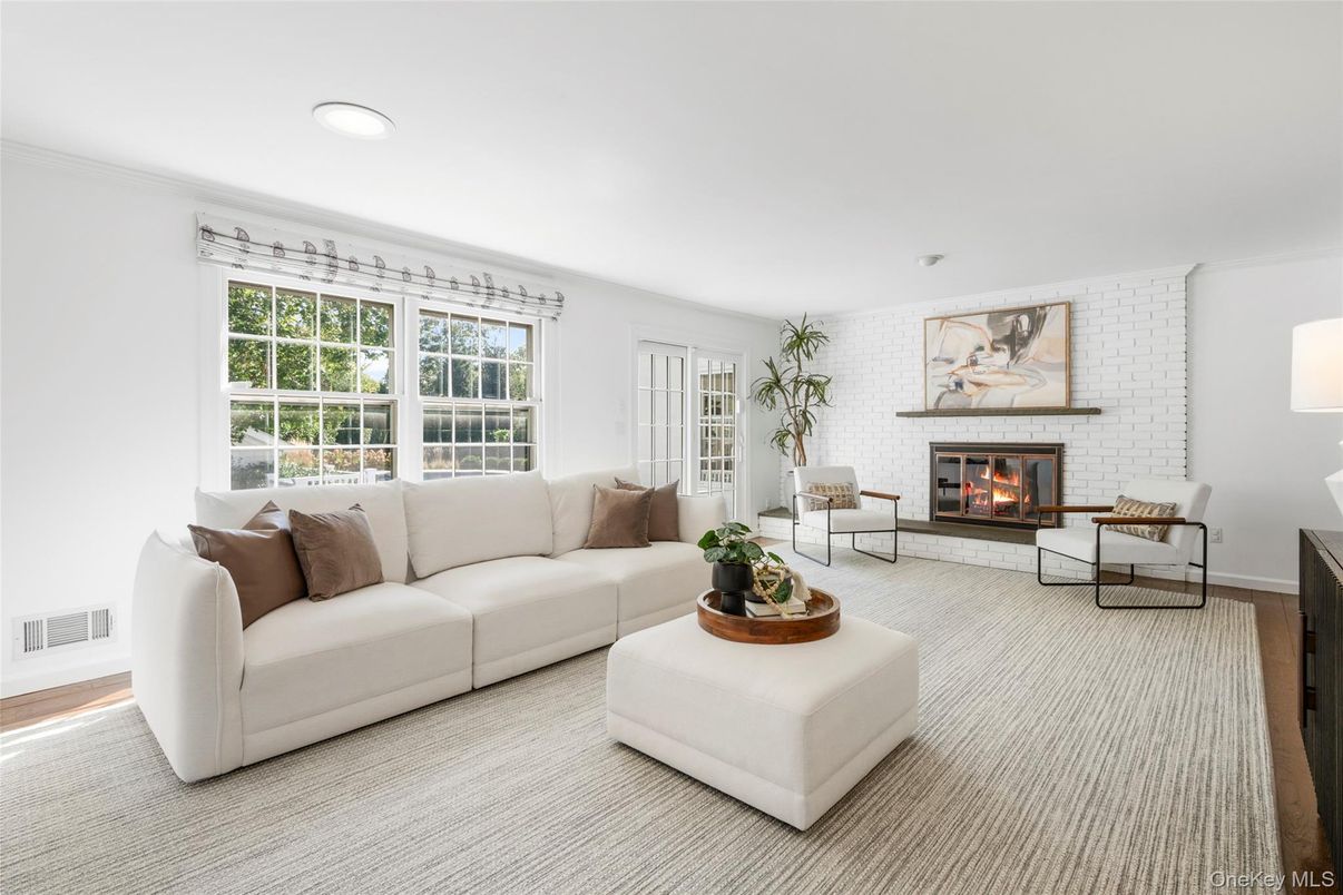 Fireplace, Interior, Living room, Recessed Lighting, Stone Walls