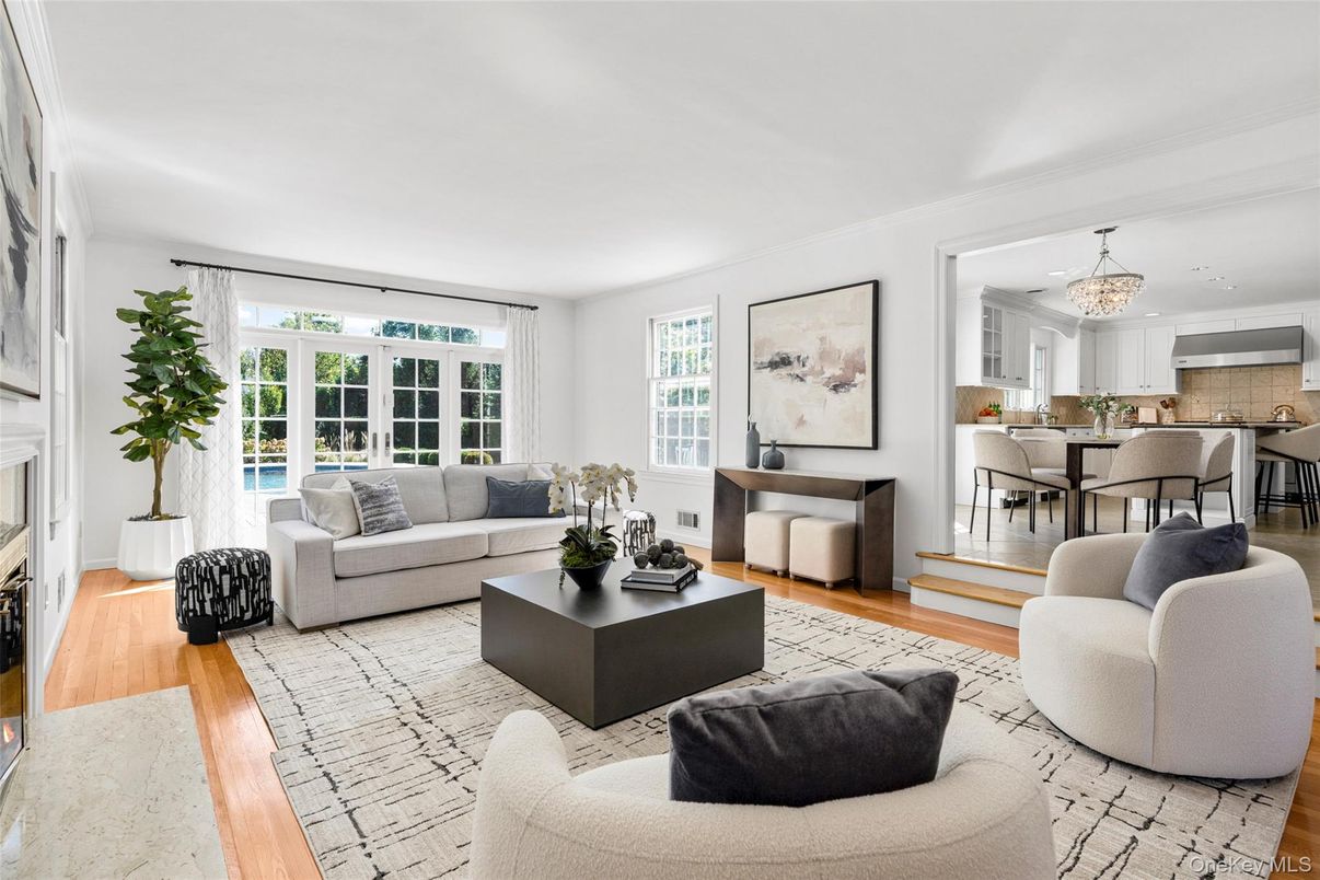 Chandelier, Dining room, Fireplace, Interior, Kitchen, Living room, Wood Texture Flooring