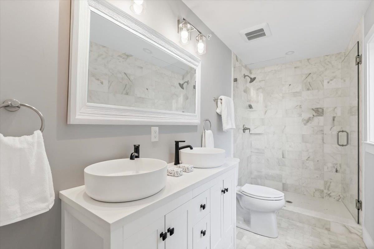 Bathroom, Dual Sink Vanities, Glass Shower, Interior, Marble, Marble Walls