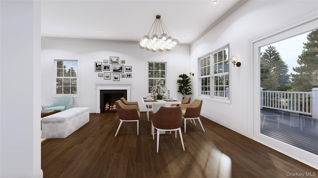 Dining room, Fireplace, Interior, Pendant Lights, Recessed Lighting, Wood Texture Flooring