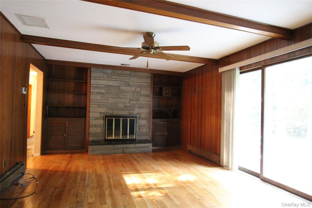 Empty room, Fireplace, Interior, Stone Walls, Wood Texture Flooring, Wooden Walls